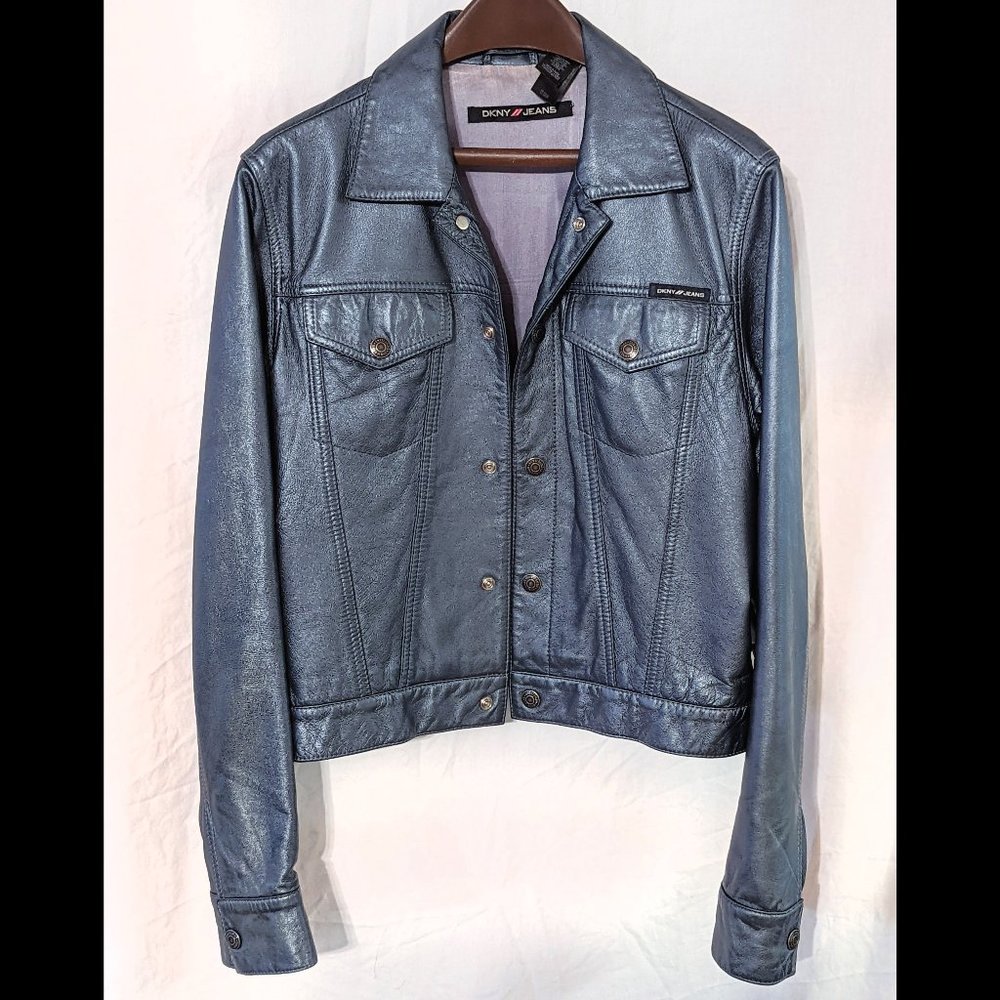 DKNY JEANS Size L *Metallic* Blue Gray L/S LEATHER Jacket, Lined & Denim-Style - Picture 2 of 5